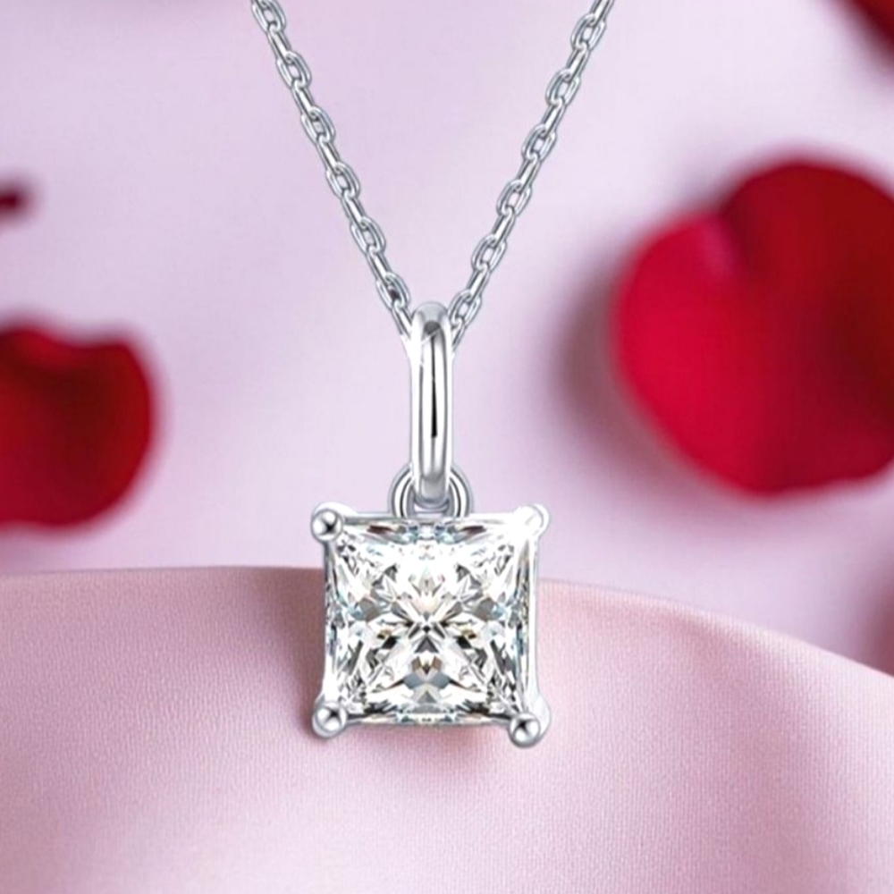 Moissanite 1.2 CT Princess Cut Solitaire Pendant Necklace - Picture 2 of 10